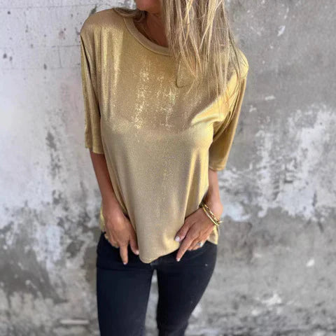 Women's blouse – Loose fit – Shimmering fluid fabric – Short sleeves – Round neck