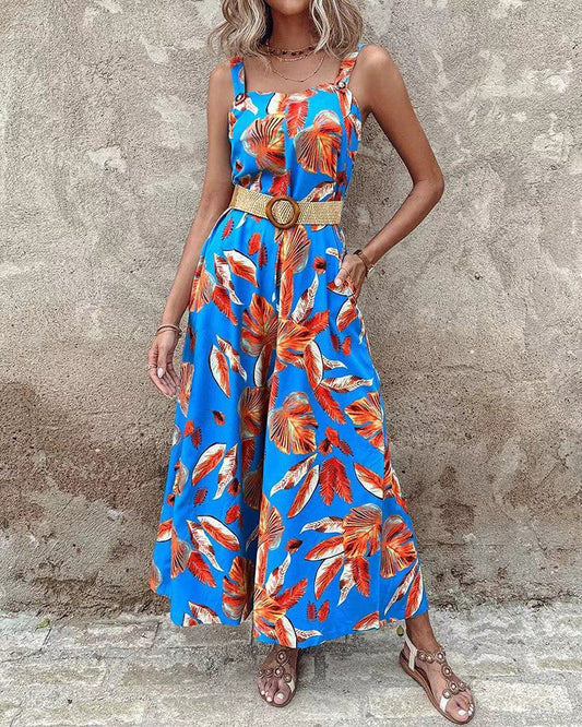 Women's jumpsuit – Fitted waist – Floral print – Wide legs – Breathable fabric