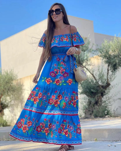 Women's long dress – Off-shoulder – Ruffles – Floral print – Ruffled skirt – Belted