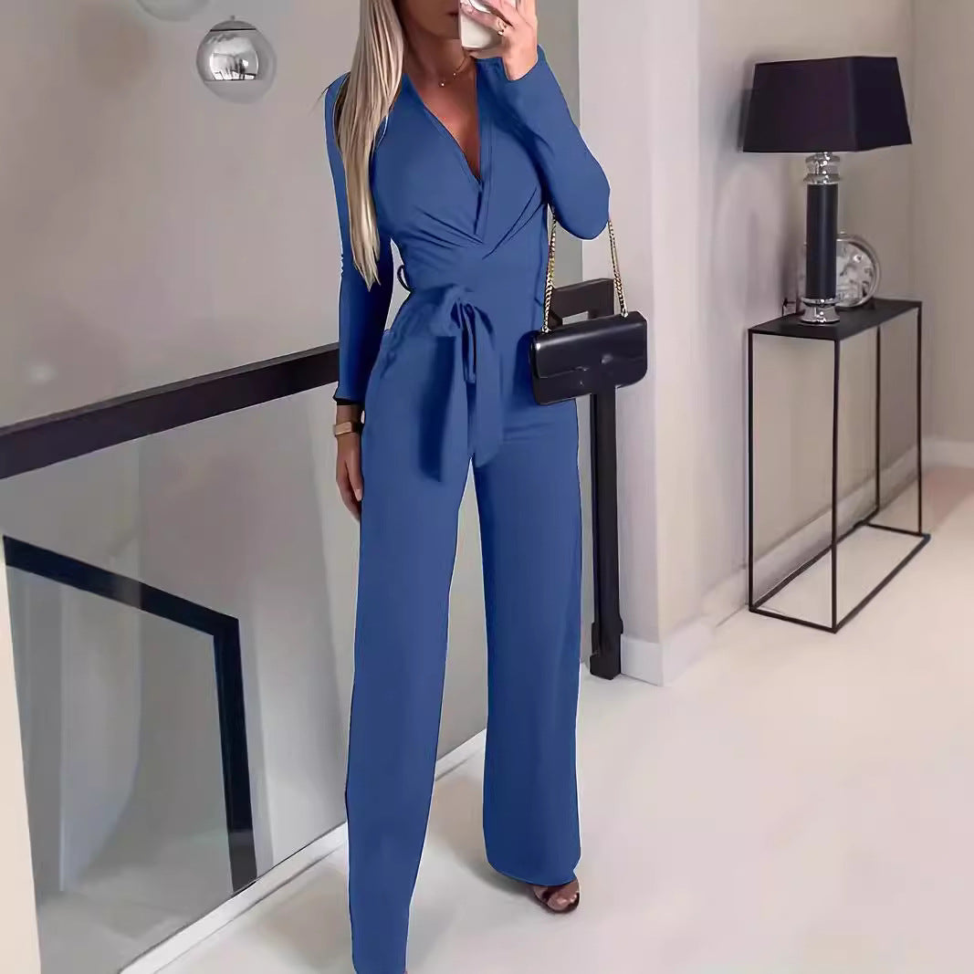 Women's jumpsuit – Elegant cut – Wrap neckline – Long sleeves – Wide leg