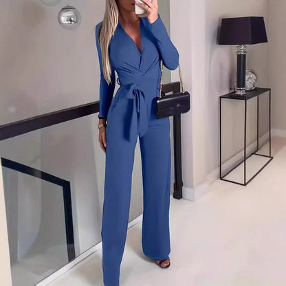 Women's jumpsuit – Elegant cut – Wrap neckline – Long sleeves – Wide leg
