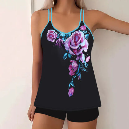 Women's Tankini – V Neck – Thin Straps – Swim Shorts – Comfort Fit