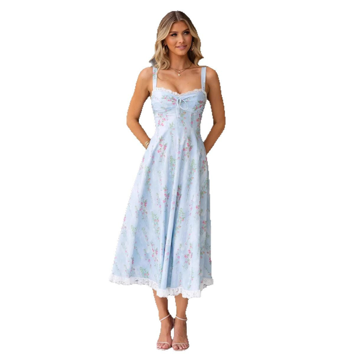 Women's midi dress – Flared cut – Thin straps – Floral print – Lace trim