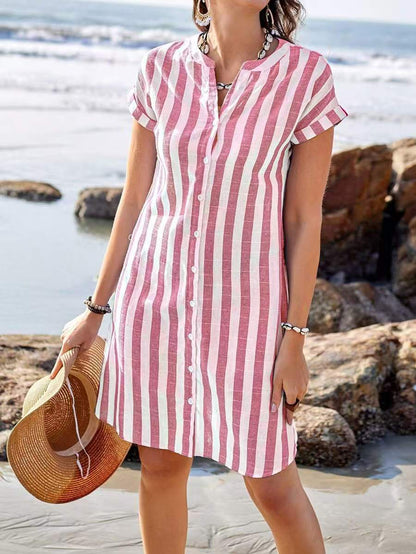 Women's shirt dress – Breathable fabric – Straight cut – Stripes – Short sleeves – V-neck