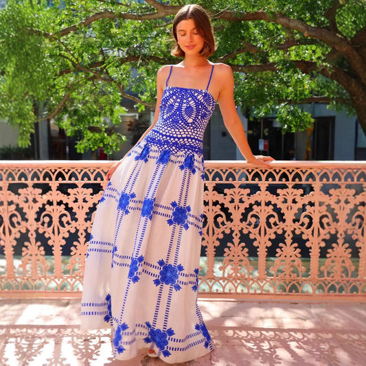 Robe longue femme – Dentelle crochet – Bretelles fines – Jupe fluide à motifs floraux