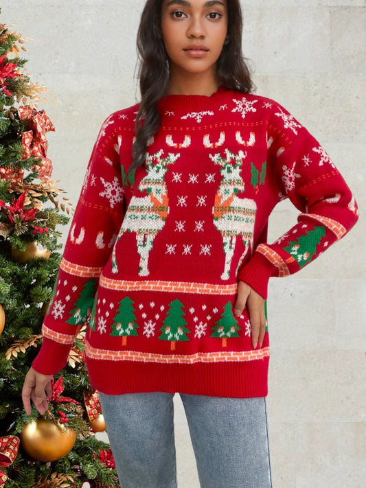 Women's sweater – Wool knit – Relaxed fit – Deer and snowflake motifs – Hip length