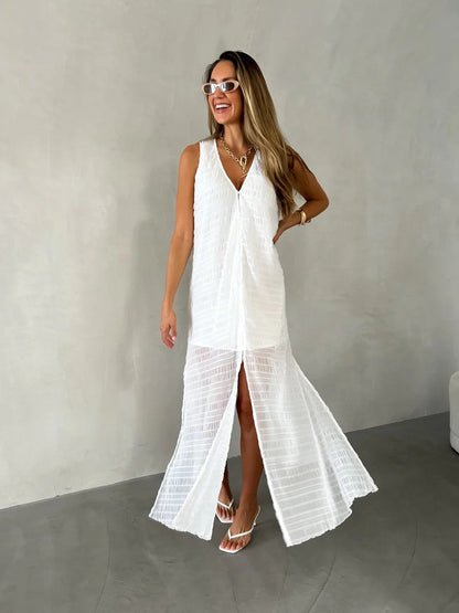 Robe longue femme – Dentelle ajourée – Sans manches – Coupe fluide – Décolleté en V