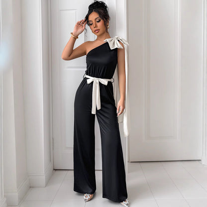 Women's jumpsuit – Fitted cut – Fluid satin – Off-the-shoulder with elegant bow