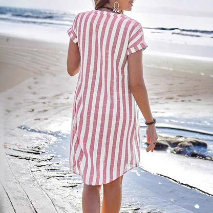 Women's shirt dress – Breathable fabric – Straight cut – Stripes – Short sleeves – V-neck