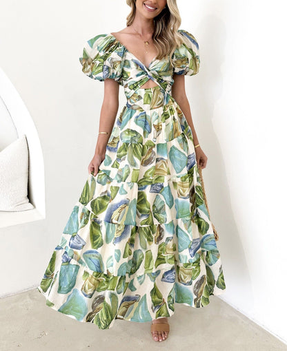 Robe longue femme – Imprimé élégant – Manches bouffantes – Coupe fluide – Tissu respirant