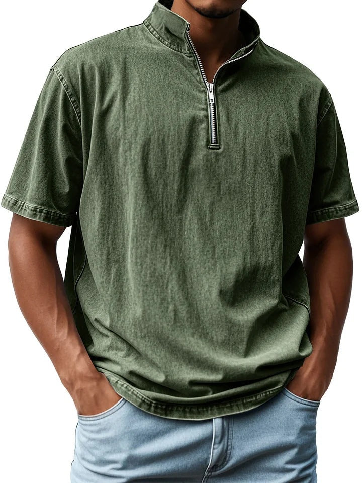 Men's short-sleeve shirt – Slim fit – Stand-up collar – Zip closure – Breathable fabric