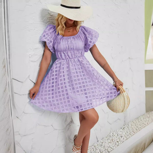 Short women's dress – Flowing cut – Puff sleeves – Square neckline – Airy fabric