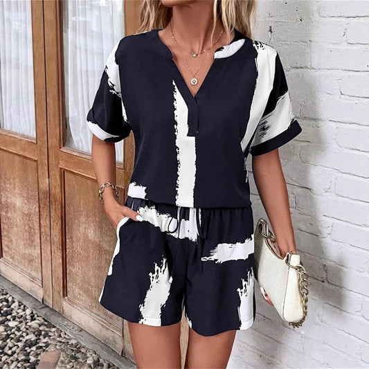 Women's Two-Piece Set – Relaxed V-Neck Top and Mid-Thigh Shorts – Lightweight Breathable Fabric
