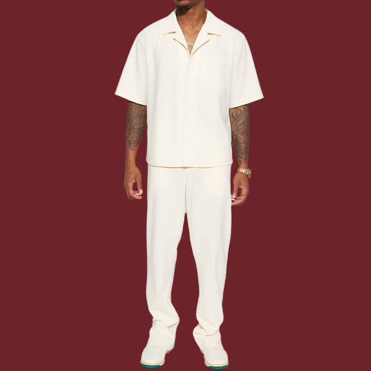 Ensemble décontracté homme – Coupe ample – Chemise à col manches courtes – Pantalon long – Tissu respirant