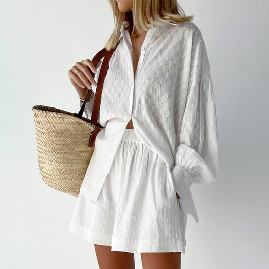 Women's Set Blouse and Shorts – Loose Fit – Textured Fabric – Puff Sleeves