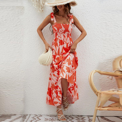 Robe longue femme – Bretelles à nouer – Buste smocké – Jupe volantée – Fibres naturelles