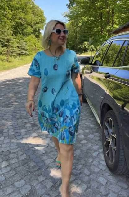 Robe femme évasée – Motif fleuri – Manches courtes – Poches