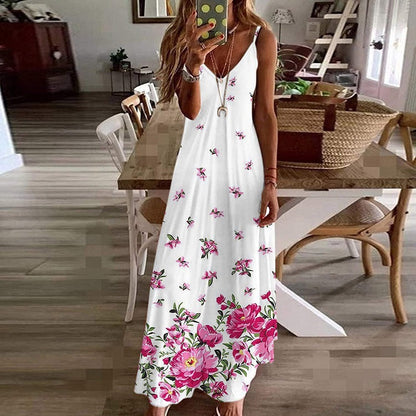 Women's long dress – Loose fit – Thin straps – V-neck – Floral print