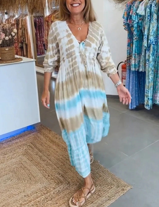 Women's Caftan Dress – Loose Fit – Natural Fibers – Tie-Dye – Mid-Calf – V-Neck