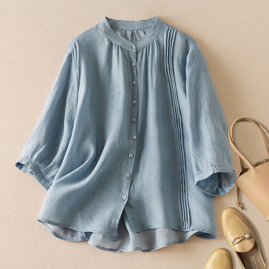 Chemise Femme à Manches Mi-Longues – Coupe Décontractée – Col Montant – Fibres Naturelles