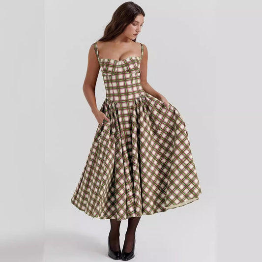 Women's long dress – Breathable flowing fabric – Checked pattern – With pockets