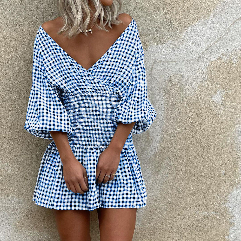 Robe courte femme – Coupe trapèze flatteuse – Manches bouffantes – Tissu respirant – Encolure en V – Taille élastique smockée – Motif vichy intemporel