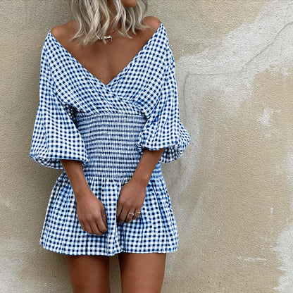 Robe courte femme – Coupe trapèze flatteuse – Manches bouffantes – Tissu respirant – Encolure en V – Taille élastique smockée – Motif vichy intemporel