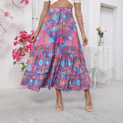 Women's long skirt – Bohemian style with ruffles – Tie waist – Flowing cotton fabric