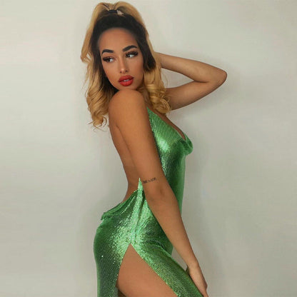 Robe mini femme – Coupe moulante – Dos nu – Sans manches – Fente haute brillante