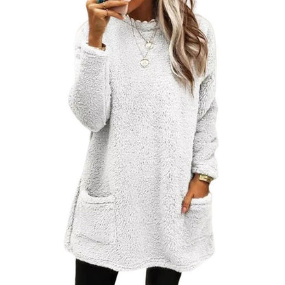 Pull femme – Coupe oversize – Tissu pelucheux – Manches longues – Poches pratiques