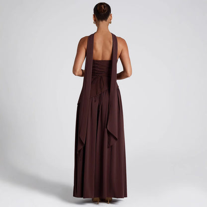 Robe de soirée femme – Sans bretelles – Corsage asymétrique – Jupe fendue fluide