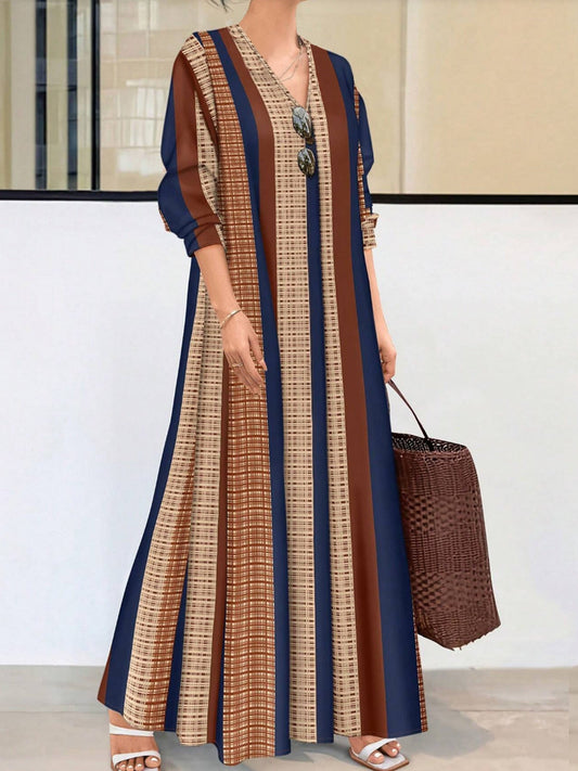 Robe femme longue – Coupe fluide – Manches longues – Rayures élégantes – Col V