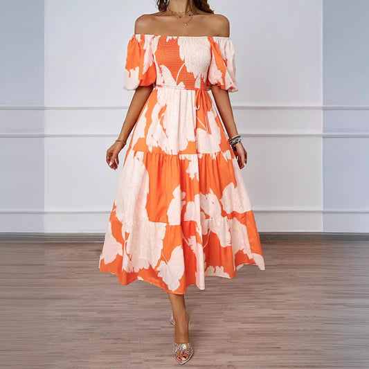 Women's midi dress – Bare shoulders – Puff sleeves – Flared flowing cut