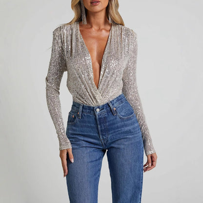 Body femme – Coupe slim – Décolleté plongeant – Manches longues – Tissu à sequins