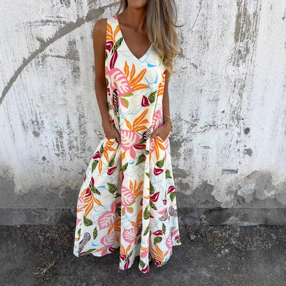 Women's long dress – Sleeveless – Flared cut – Breathable fabric – Tropical print