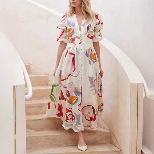 Women's long dress – Natural fibers – Relaxed fit – Balloon sleeves – Buttoned