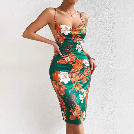 Robe midi femme – Coupe ajustée – Tissu satiné – Bretelles fines – Imprimé floral