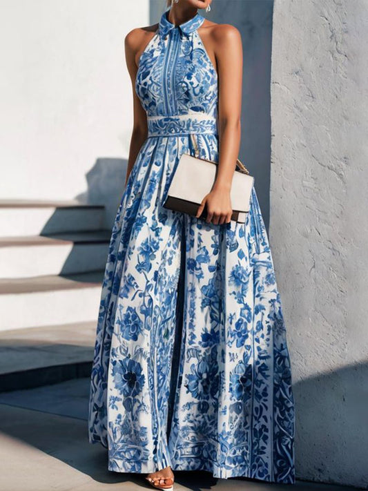 Women's long dress – Elegant cut – Halter neckline – Breathable fabric – Chic print