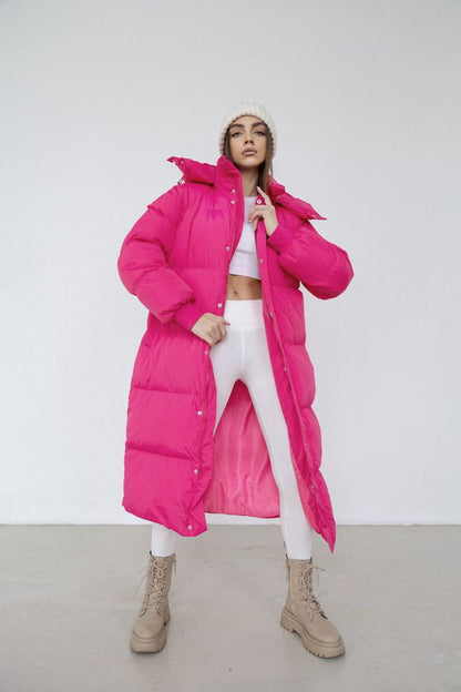 Women's Long Quilted Coat - Synthetic Fabric - Oversize Cut - Stand-Up Collar With Hood