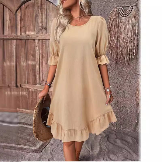 Women's midi dress – Loose fit – Ruffled sleeves - Flowing hem – Breathable fabric