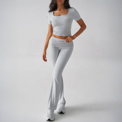 Women's Two-Piece Set – Fitted Crop Top Square Neck – High-Waisted Flared Pants