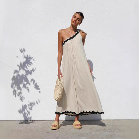 Robe longue femme – Une épaule – Coupe fluide – Ourlet festonné – Tissu respirant