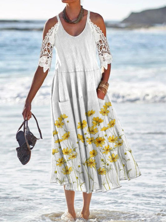 Women's long dress – Flowing cut – Bare shoulders – Lace – Breathable fabric – Pockets
