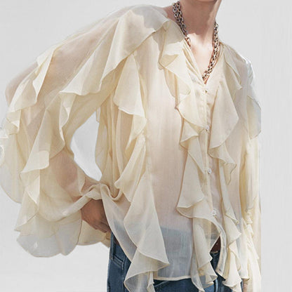 Blouse femme – Tissu léger – Coupe ample – Volants superposés – Col en V – Boutonnée