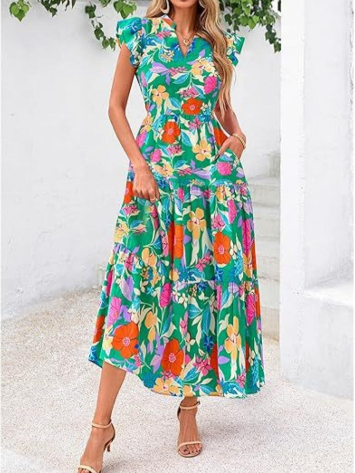 Women's mid-length dress – Flowing cut – V-neckline – Ruffled sleeves – Breathable fabric – Elegant print