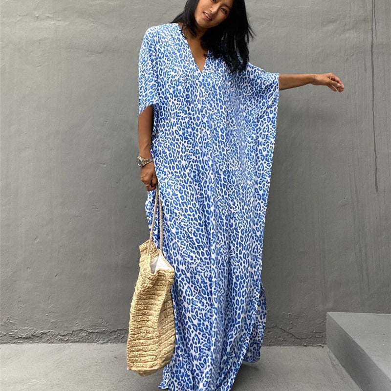 Women's caftan dress – Loose fit – Breathable fabric – Animal print – Wide sleeves