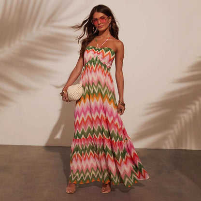 Robe longue femme – Coupe fluide – Col halter – Jupe évasée à volants – Tissu respirant