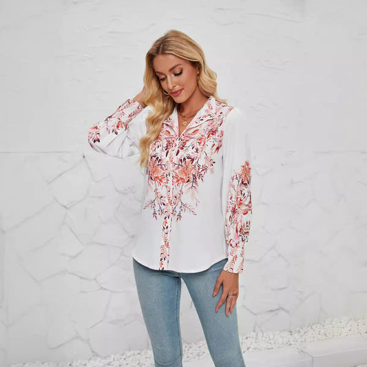 Blouse femme – Coupe décontractée – Tissu léger – Manches longues – Imprimé fleuri
