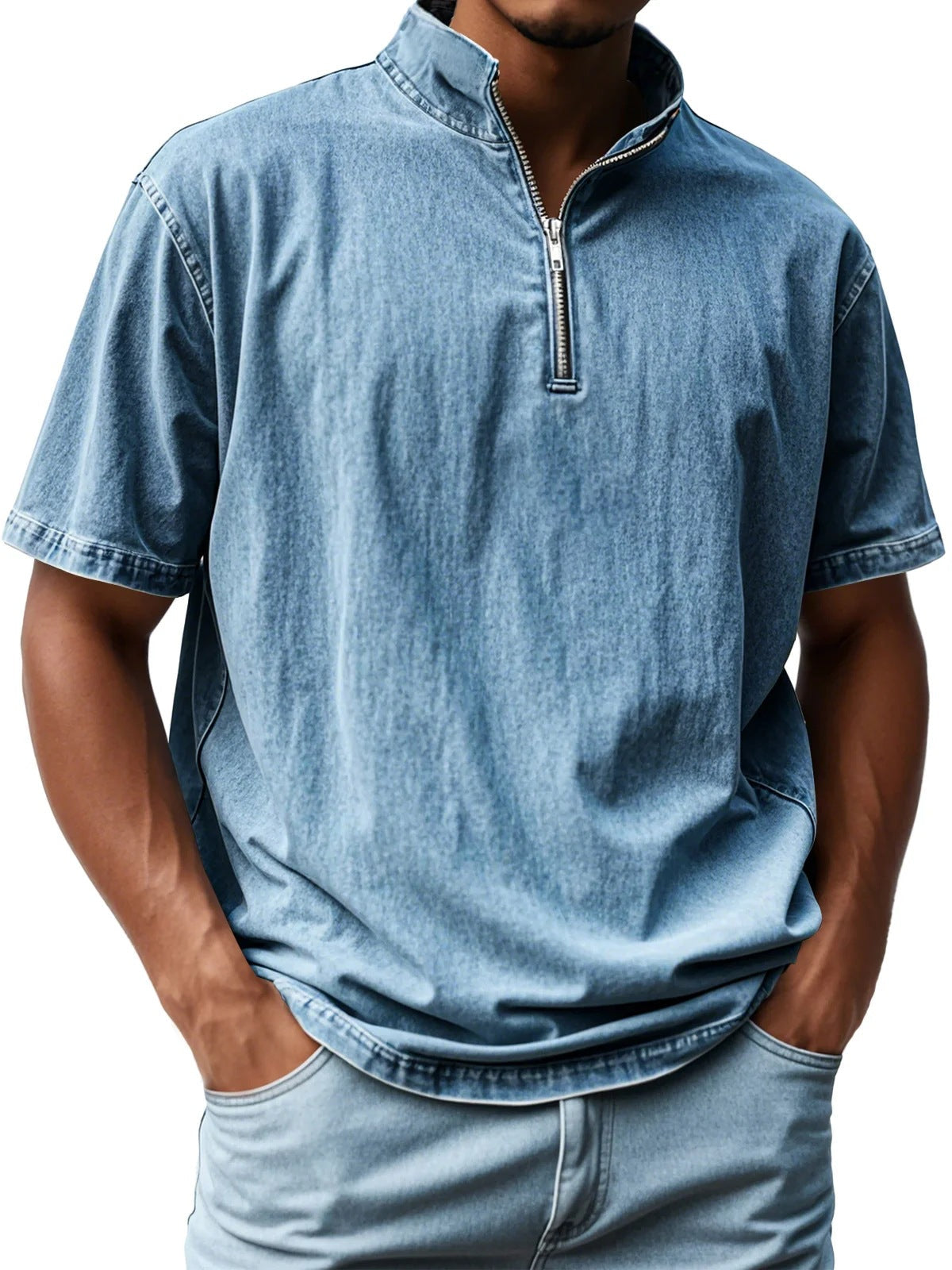Men's short-sleeve shirt – Slim fit – Stand-up collar – Zip closure – Breathable fabric