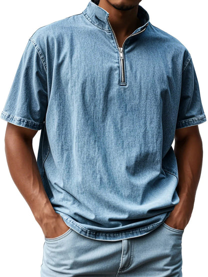Men's short-sleeve shirt – Slim fit – Stand-up collar – Zip closure – Breathable fabric